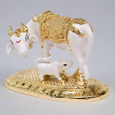 Gold Plated Kamdhenu Cow with Calf 3.5 inches Statue