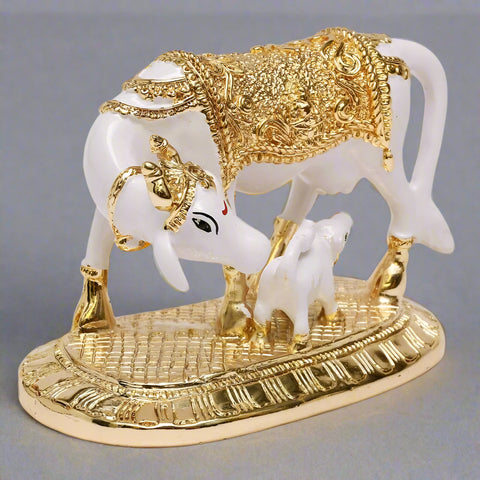 Gold Plated Kamdhenu Cow with Calf 3.5 inches Statue