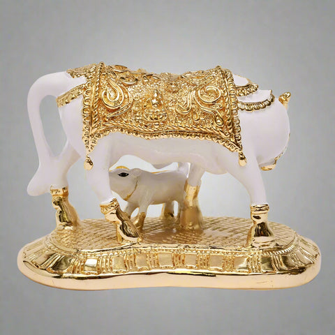 Gold Plated Kamdhenu Cow with Calf 3.5 inches Statue