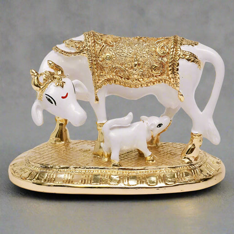 Gold Plated Kamdhenu Cow with Calf 3.5 inches Statue