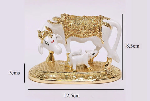 Gold Plated Kamdhenu Cow with Calf 3.5 inches Statue