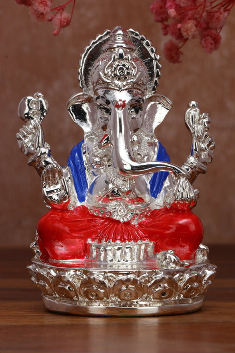 Divine Studio Pure Silver Plated Laxmi Ganesha Pair Goddess Idol | Laxmi Ganesh Murti for Gift, Laxmi Ganesh Idol Set |for Diwali Pooja Sculpture Statue Home, Gifting,Showpiece (3.5 inches Height)(Silver and Enamel)