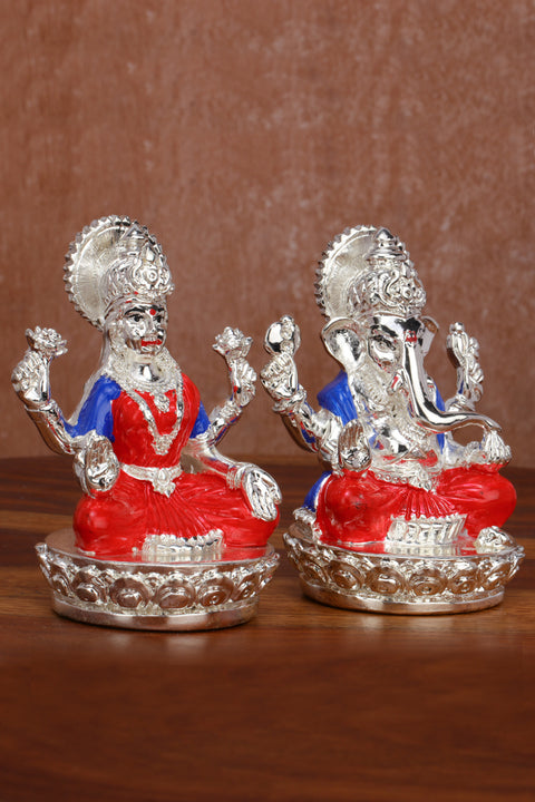 Divine Studio Pure Silver Plated Laxmi Ganesha Pair Goddess Idol | Laxmi Ganesh Murti for Gift, Laxmi Ganesh Idol Set |for Diwali Pooja Sculpture Statue Home, Gifting,Showpiece (3.5 inches Height)(Silver and Enamel)