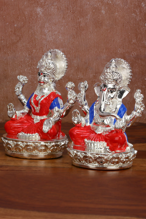 Divine Studio Pure Silver Plated Laxmi Ganesha Pair Goddess Idol | Laxmi Ganesh Murti for Gift, Laxmi Ganesh Idol Set |for Diwali Pooja Sculpture Statue Home, Gifting,Showpiece (3.5 inches Height)(Silver and Enamel)