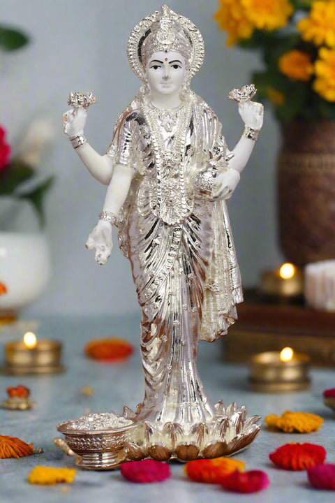 Divine Studio White Pure Silver Plated Dhan Laxmi Murti for Goodness,  Beautiful and Detailed Laxmi Murti Ideal for Worship - Divine Laxmi Idol Symbolizing Prosperity and Wealth - Standing Lakshmi Devi Idol - 10 Inch