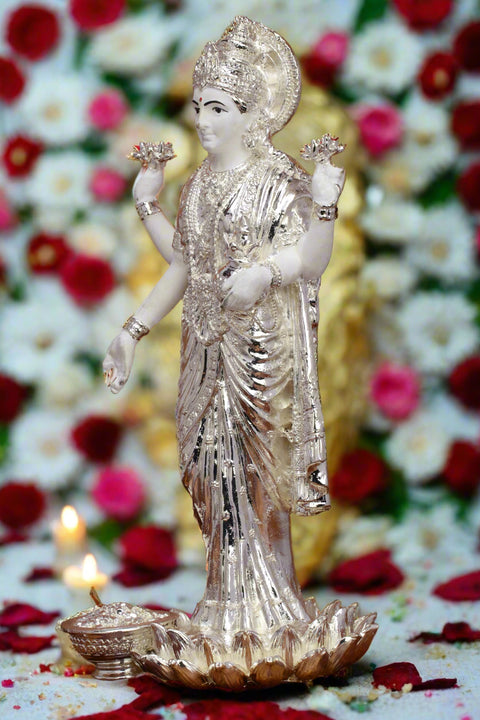 Divine Studio White Pure Silver Plated Dhan Laxmi Murti for Goodness,  Beautiful and Detailed Laxmi Murti Ideal for Worship - Divine Laxmi Idol Symbolizing Prosperity and Wealth - Standing Lakshmi Devi Idol - 10 Inch