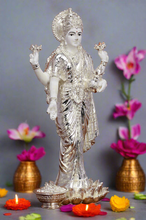 Divine Studio White Pure Silver Plated Dhan Laxmi Murti for Goodness,  Beautiful and Detailed Laxmi Murti Ideal for Worship - Divine Laxmi Idol Symbolizing Prosperity and Wealth - Standing Lakshmi Devi Idol - 10 Inch