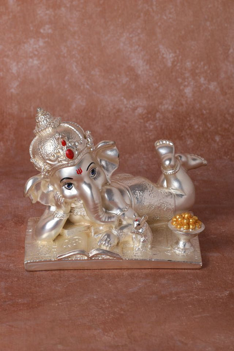 Divine Studio Pure Silver Plated Matt Silver Finished Sleeping Ganesha with Right Trunk 5 inches