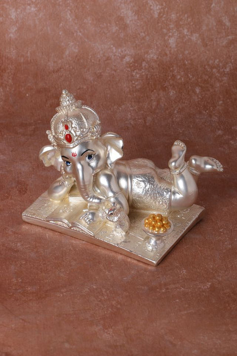 Divine Studio Pure Silver Plated Matt Silver Finished Sleeping Ganesha with Right Trunk 5 inches