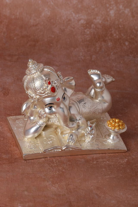 Divine Studio Pure Silver Plated Matt Silver Finished Sleeping Ganesha with Right Trunk 5 inches