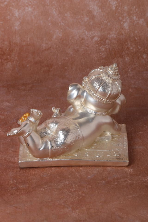 Divine Studio Pure Silver Plated Matt Silver Finished Sleeping Ganesha with Right Trunk 5 inches